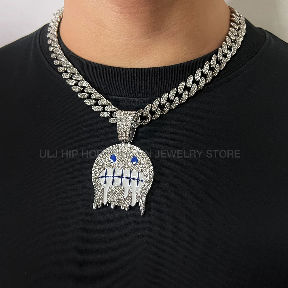 ULJ Hip Hop Necklace New Smile Face Pendant With 12mm Iced Out Cuban Chain Jewelry For Man