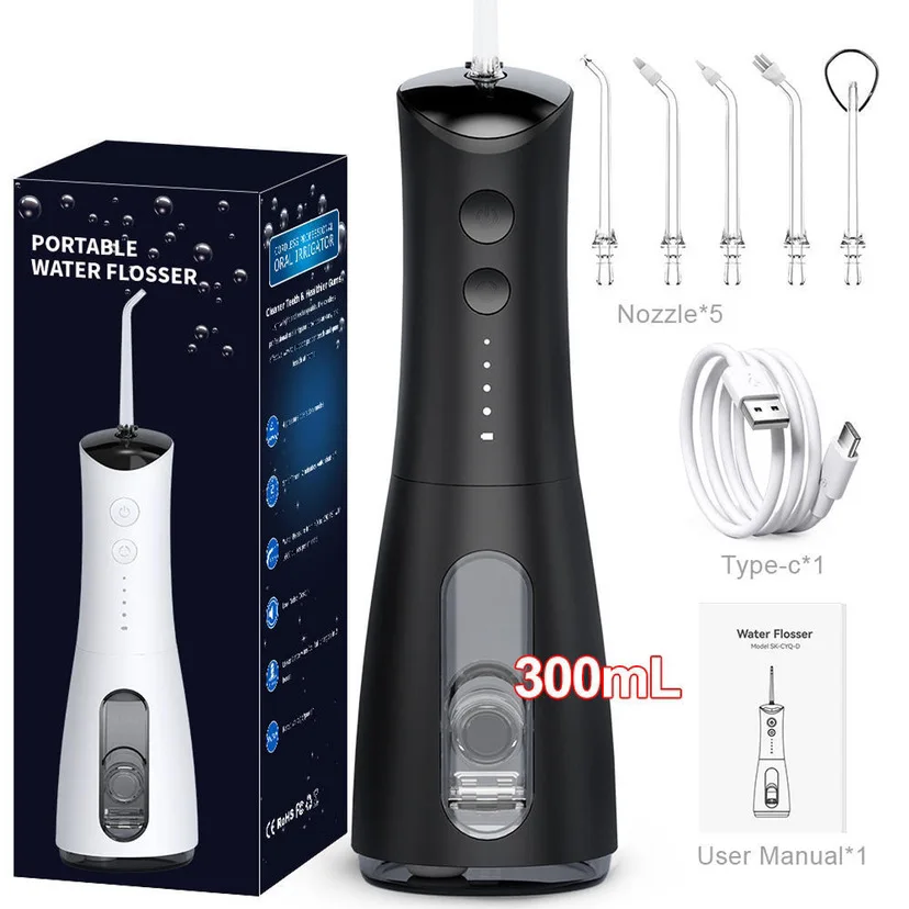 

Портативный ирригатор для полости рта, очиститель зубов, зубная нить, перезаряжаемый резервуар 300 мл, машина для мытья рта, водоструйная нить, 5 наконечников