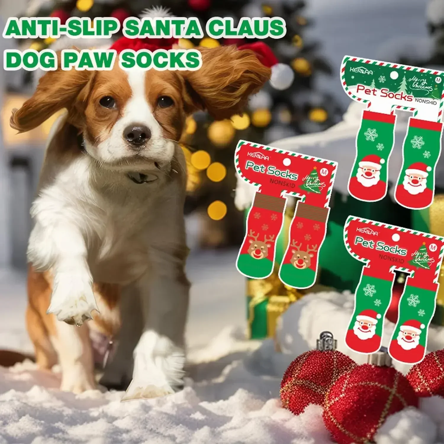 Santa Claus Anti-Slip Soft Dog Socks Set for Hardwood Floors.Dog Christmas Pavement Prevent Licking,for Large Senior Dog