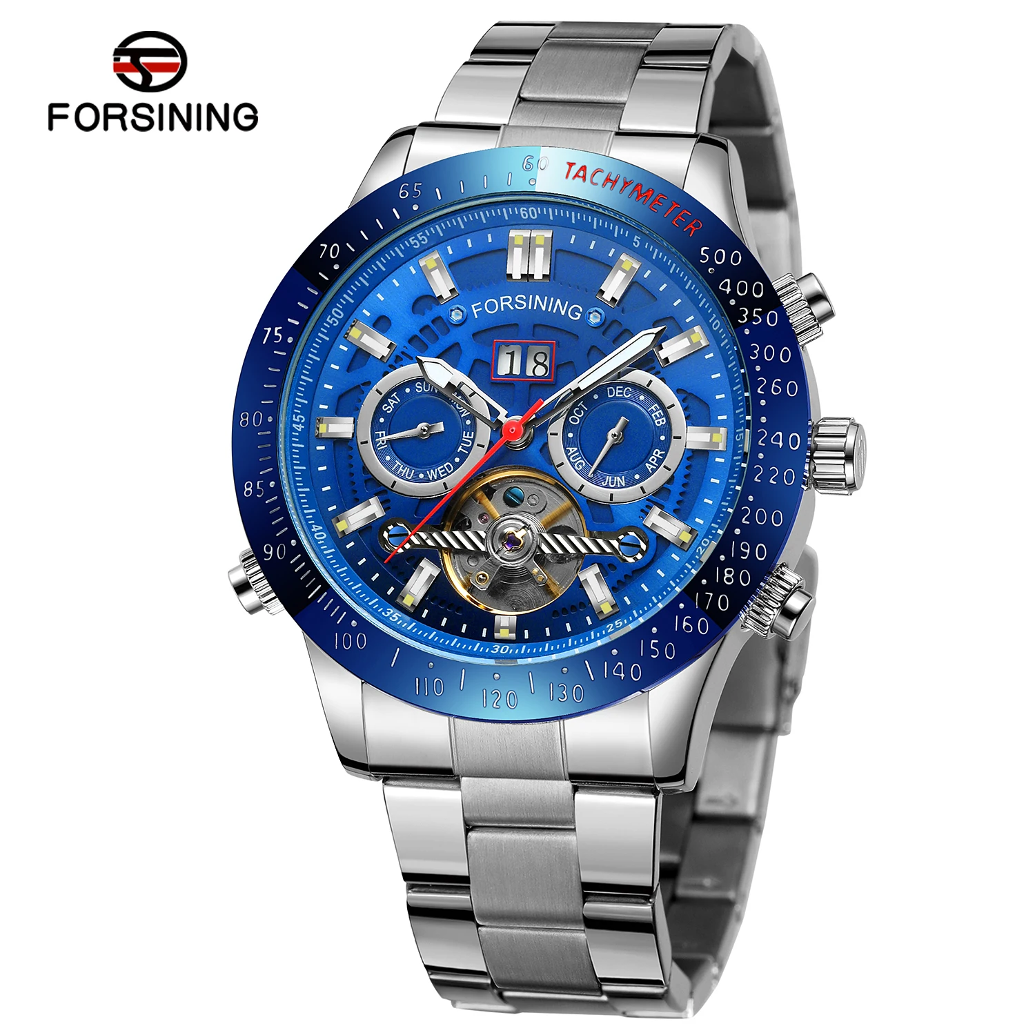 Forsining Top Brand Seller Man Mechanical Wristwatch Classic Skeleton Flywheel Hollow Out Watch Stainless Steel Watch For Men