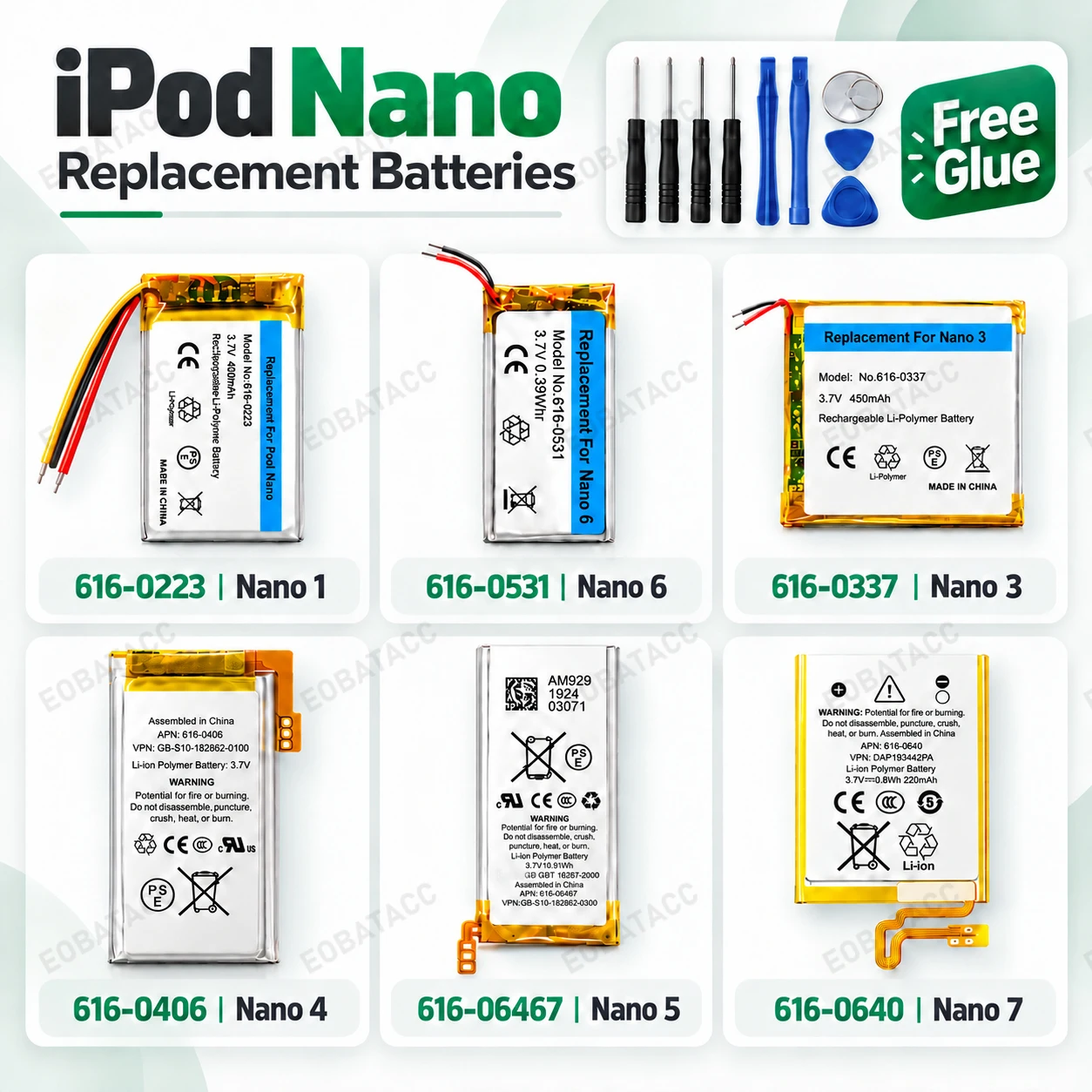 Replacement Battery for iPod Nano 1 2 3 4 5 6 7 1st-7th Generation Rechargeable Internal Battery Repair Part Options