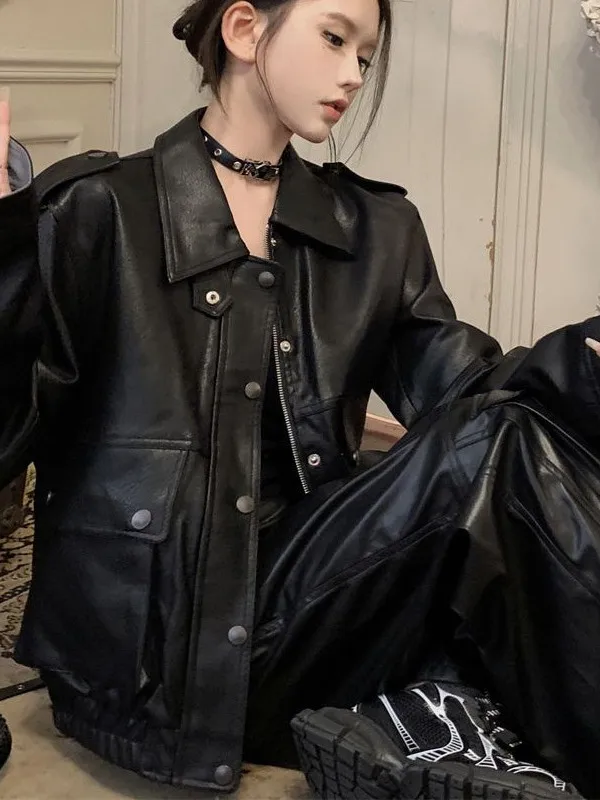 

Ретро-американская кожаная куртка с отложным воротником для женщин, осенне-зимняя, свободного кроя, в мотоциклетном стиле, простая, с длинными рукавами, на молнии