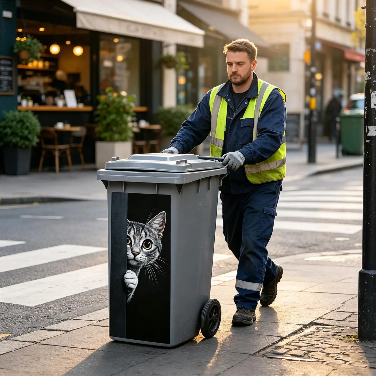 2Pcs Funny Cat Trash Can Stickers, Waterproof Vinyl Garbage Bin Decals, Large Strong Adhesive Outdoor Decor for Park Street Home