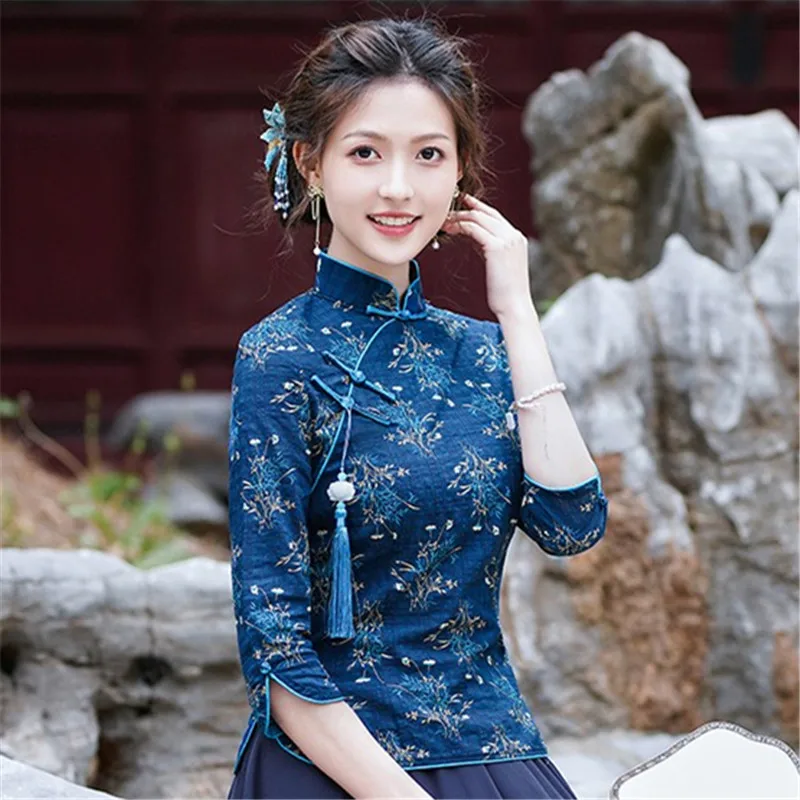 2024 Autumn new Chinese style stand collar improved cheongsam jacket daily retro women tea art top qi pao top retro blouse a438