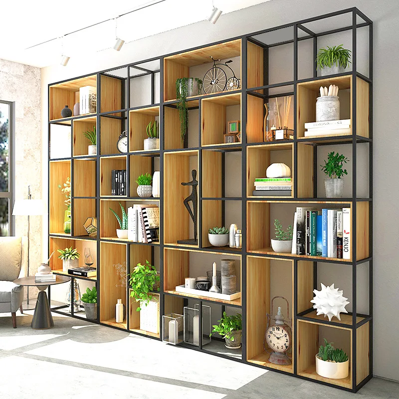 أرفف تقسيم من الحديد المطاوع للمكتب من الأرض إلى السقف، شبكة من الخشب الصلب متعددة الطبقات #4