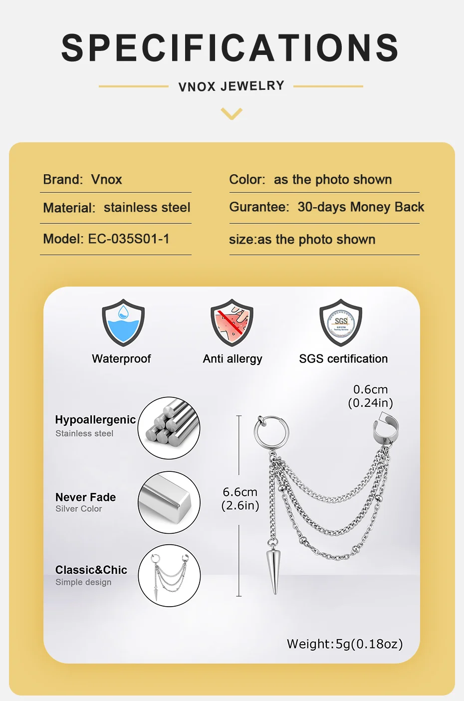 Vnox Edelstahl Mehrschichtige Ketten-Ohrklemme Creolen für Herren Punk Kegel-Spike Hängeohrringe Knorpel-Clip Schmuck Geschenk – Detail 4