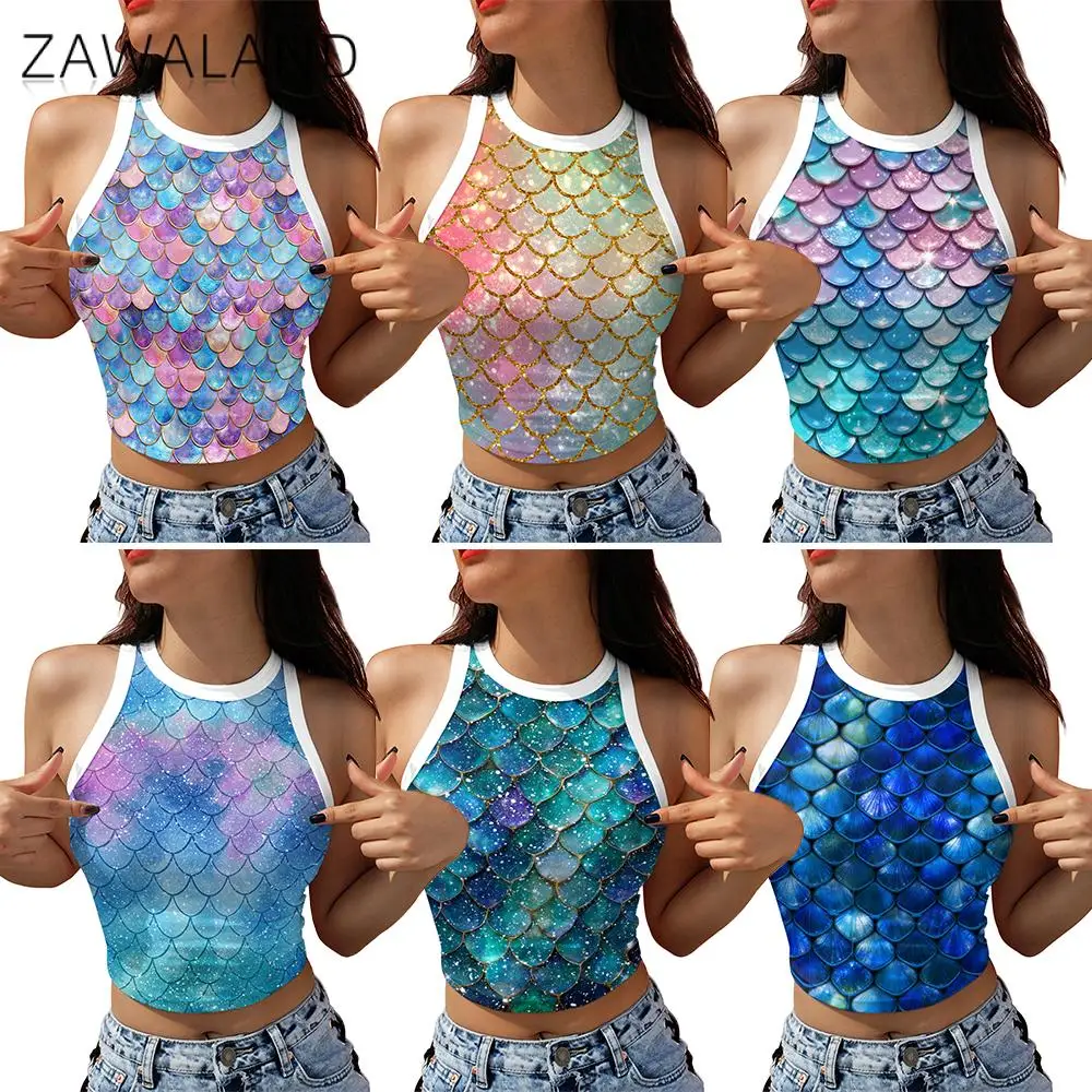 Mermaid Scale Print Crop Top Women's Sleeveless Tank Top Summer Streetwear Y2K Colorful Fish Scale Vest for Carnival Beach Party