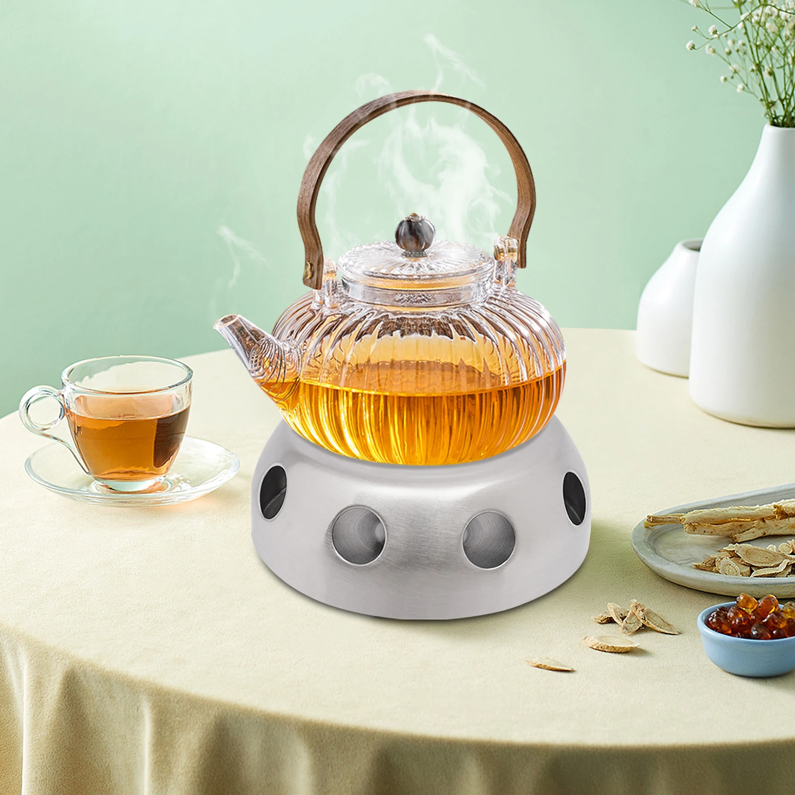 

Silver Round Elegant Tea Pot Warmers Heater Work with Solid Alcohol