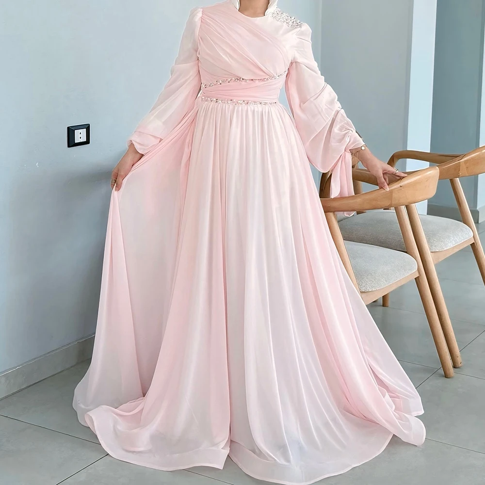 

Customized A-line Evening Dresses Floor-length O-neck Full Sleeve Prom Gown Fashion Beading Simple Draped Exquisite Party Gown