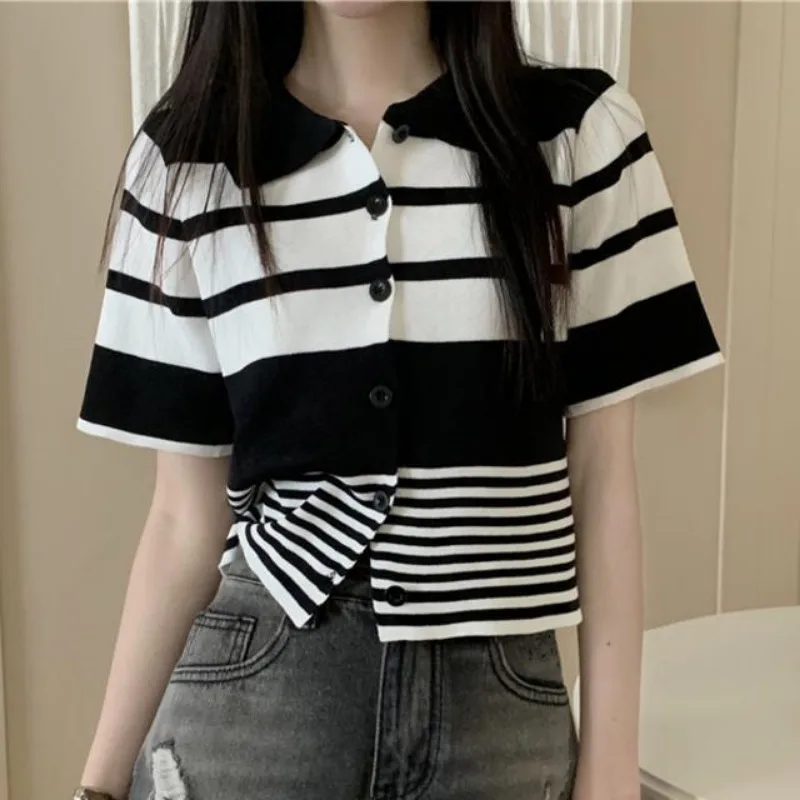 

Women Clothes Summer Korean Fashion Trend Striped Contrasting Colors Polo Collar Femme All-match Appear Thin Short Sleeve Tshirt