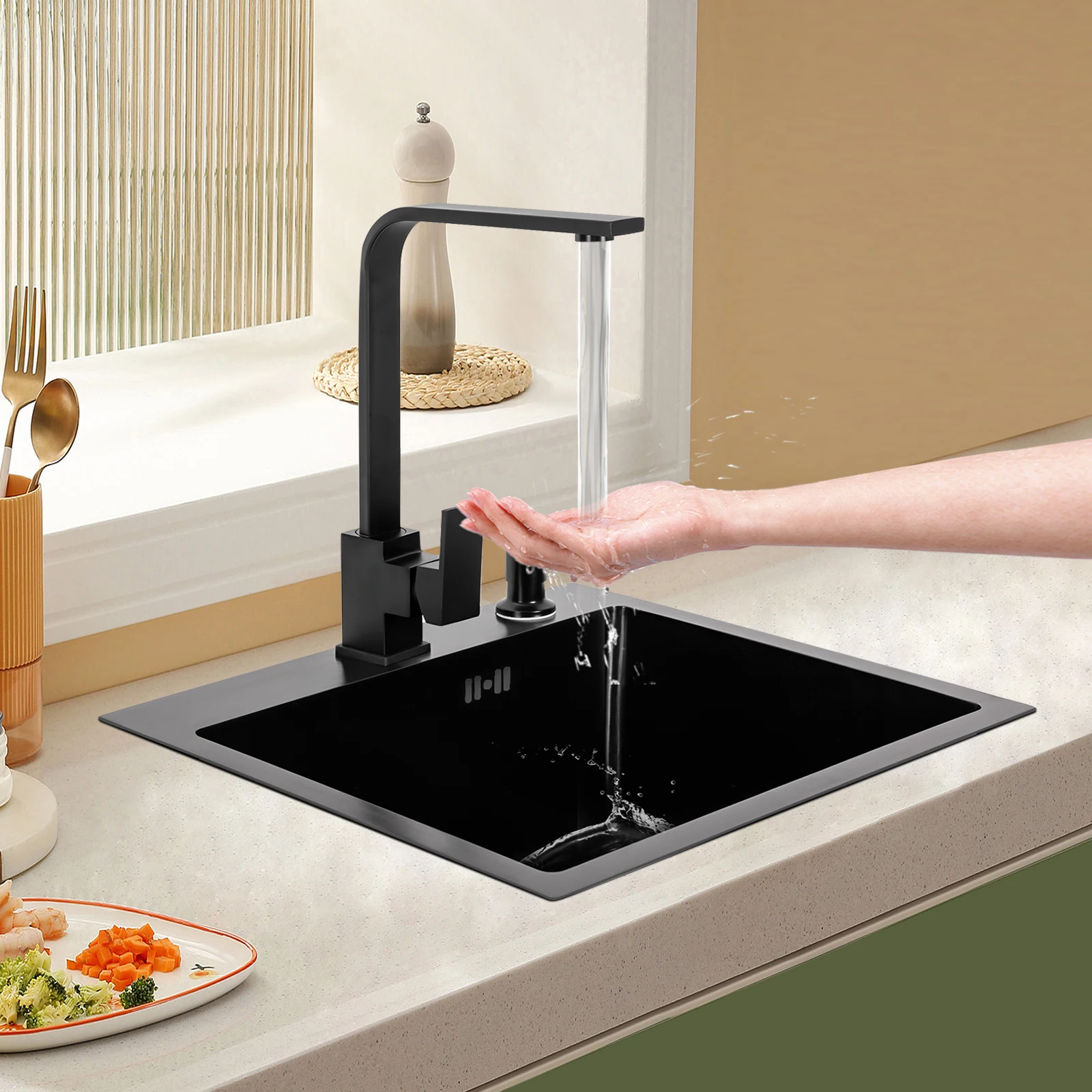 Kitchen Sink Black Stainless Steel Rectangular Modern Sink Kitchen Sink with Fitting 360° Rotatable Extendable Tap