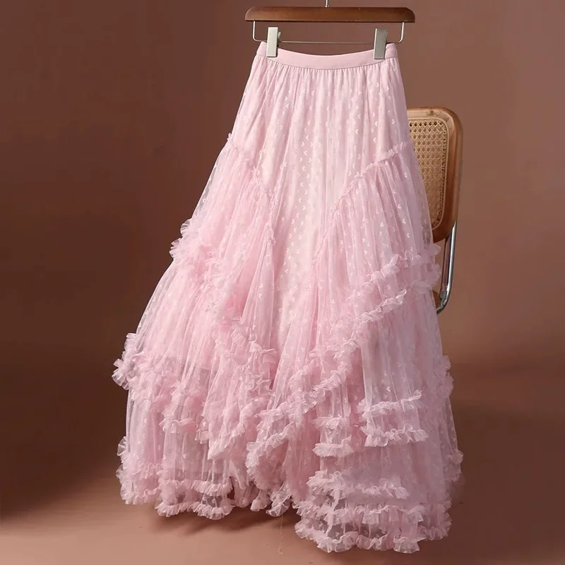 Large Flounce Embroidered Heart Tulle Half Skirt plus Size Women's New Style Puffy Fairy Cake Long Skirt