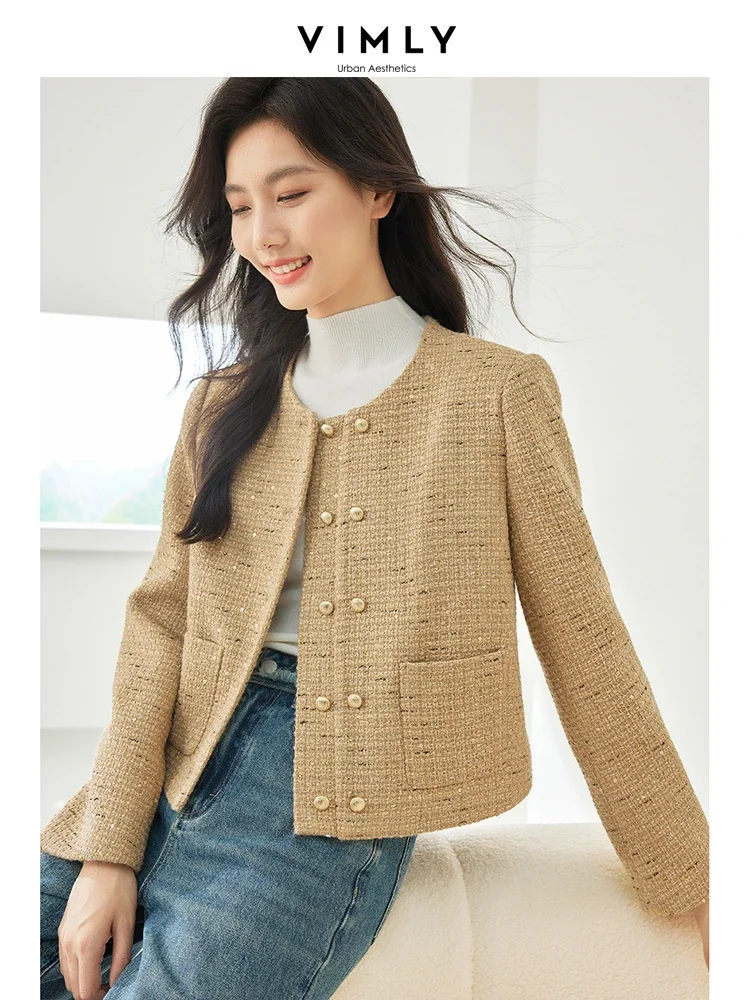 

Vimly Black Elegant Wool Blend Tweed Jackets O-neck Long Sleeve Quilted Women's Coats 2023 Autumn Winter New in Outerwears M3868