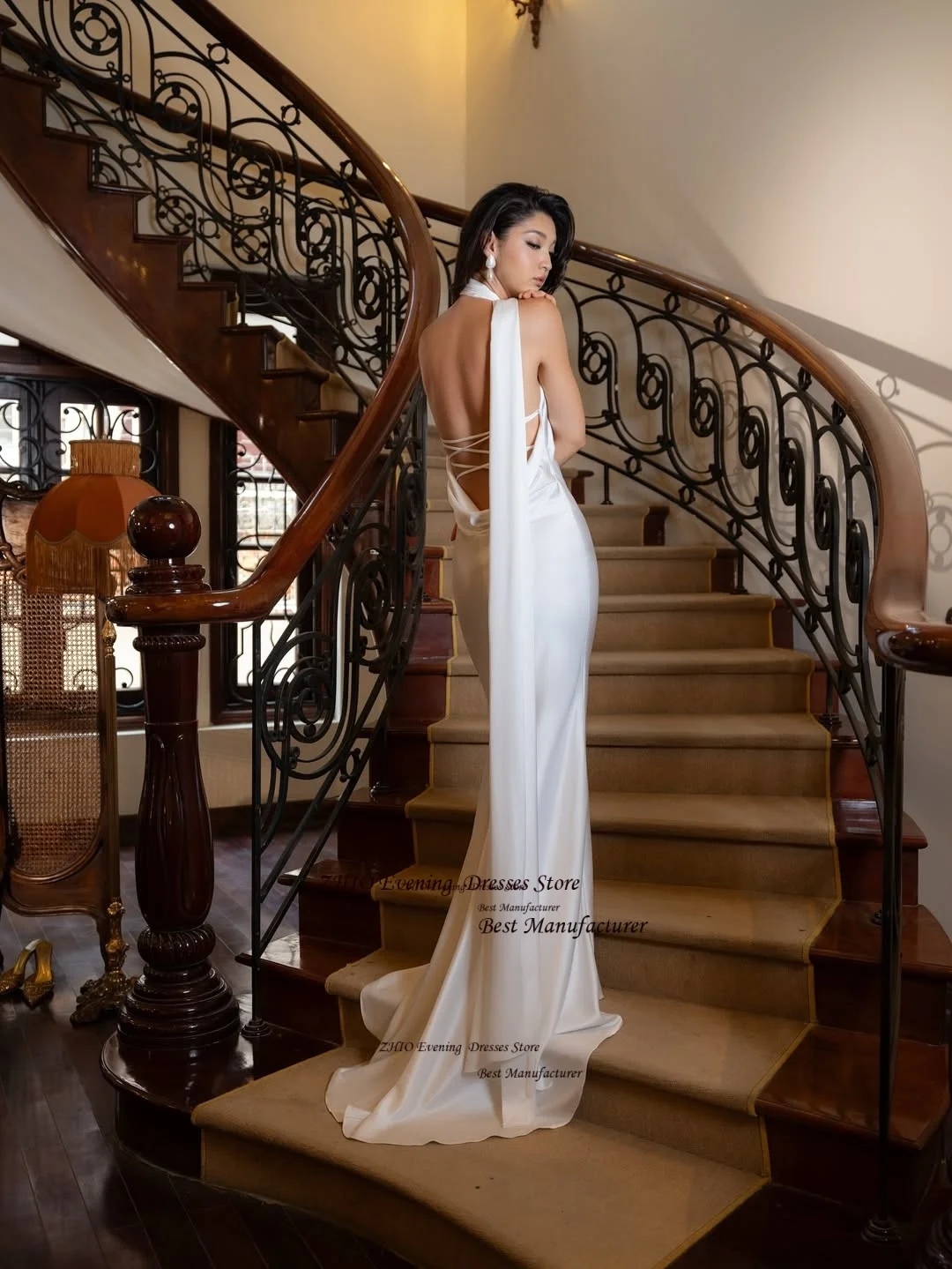 ZHIO-vestido de noche clásico de satén, sirena, color marfil, con bufanda, vestido de fiesta largo sin tirantes, cola capilla, vestido de graduación sin espalda personalizado