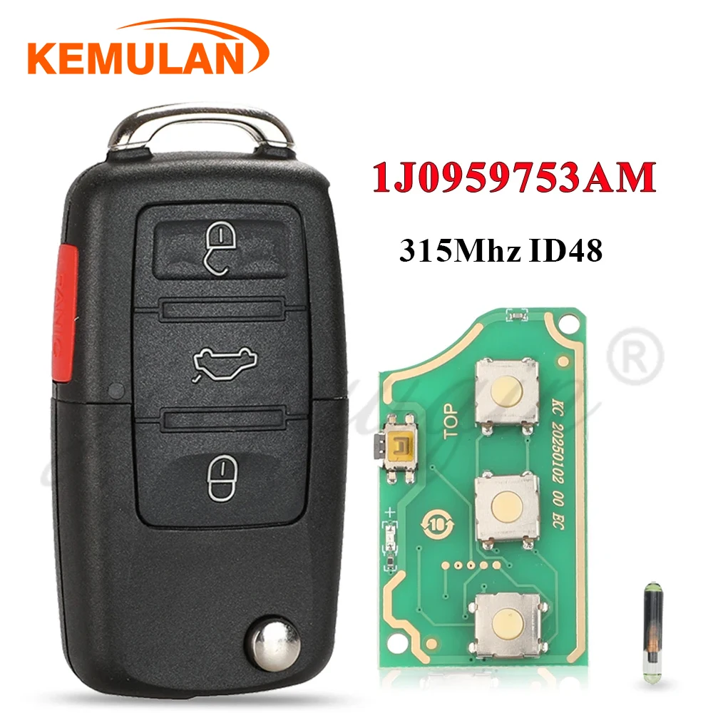 

Автомобильный ключ-пульт KEMULAN 1J0959753AM для VW Beetle Golf Passat Jetta, 315 МГц, ID48, 1J0 959 753 AM, 5FA008399-30, 2000-2006 гг.