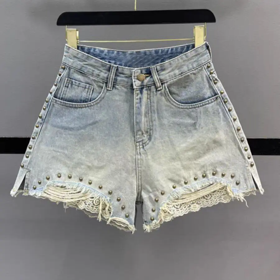 

Retro rivet lace stitching denim shorts women's summer casual American spice girls high waist slim A wide leg hot pants