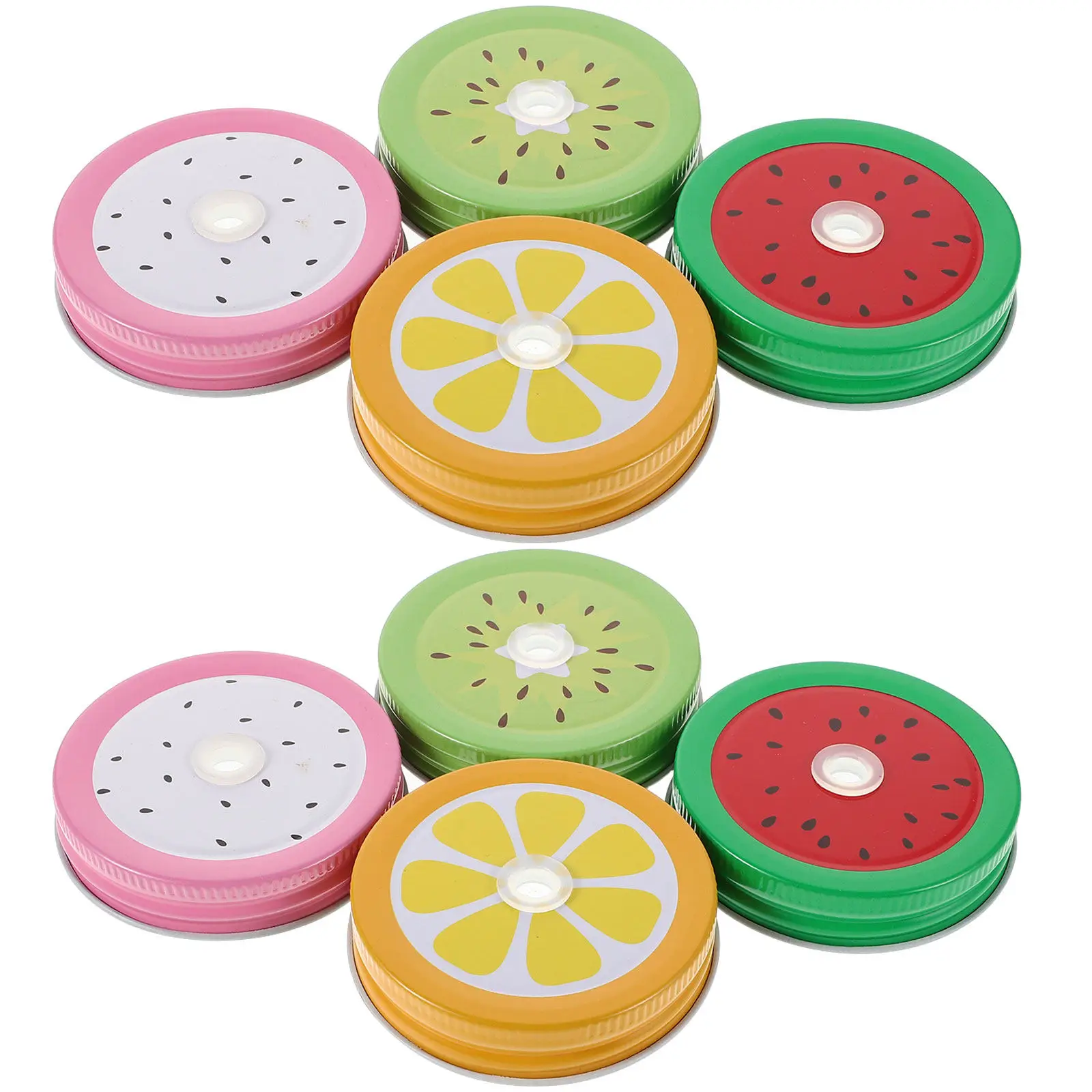 8Pcs Mason Jar Lids Vintage Fruit Pattern Leak-Proof Tinplate Straw Hole Reusable Jar Drinking Lid Regular Mouth