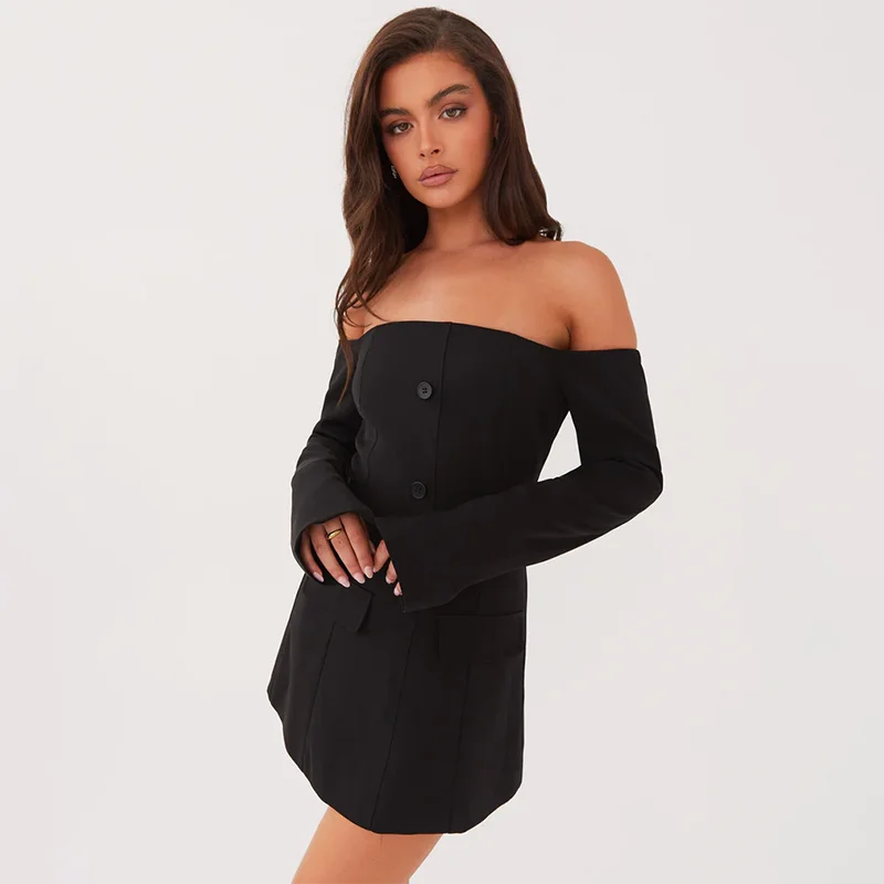Elegante Design direzionale da donna New Resort Style Slim One Shoulder Pocket Cover abiti a maniche lunghe all\'anca