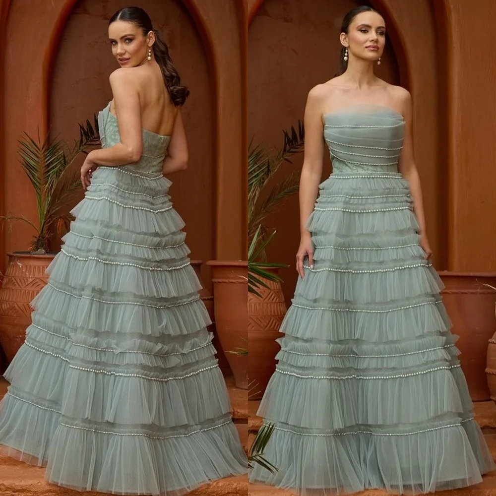 

Customized Exquisite Tulle Evening Dress Classic Strapless Sleeveless Celebrity Gowns Formal Sweep Train Vestido De Festa