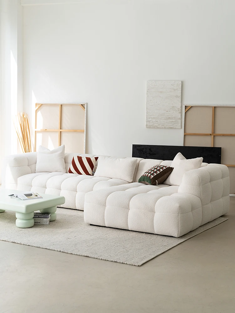 The product can be customized. Cream style fabric sofa, small living room, retro cotton candy sofa, lamb plush straight row sofa