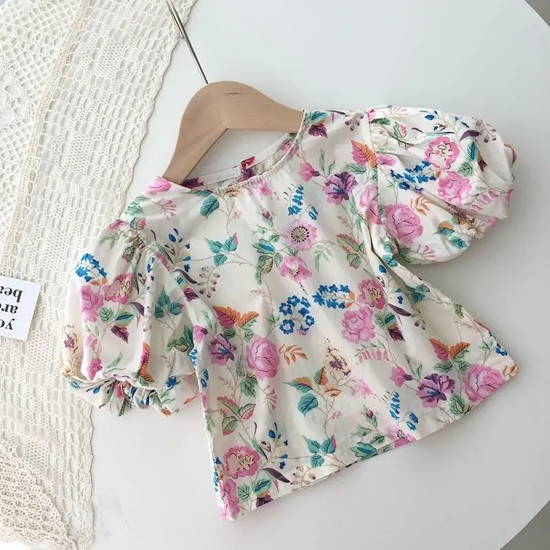 

Children's Flower Bud Pants Retro Top Suit Kids Clothes Set Girls Suit New Baby Girl All-match Short-sleeved Shirt Shorts 2PCS
