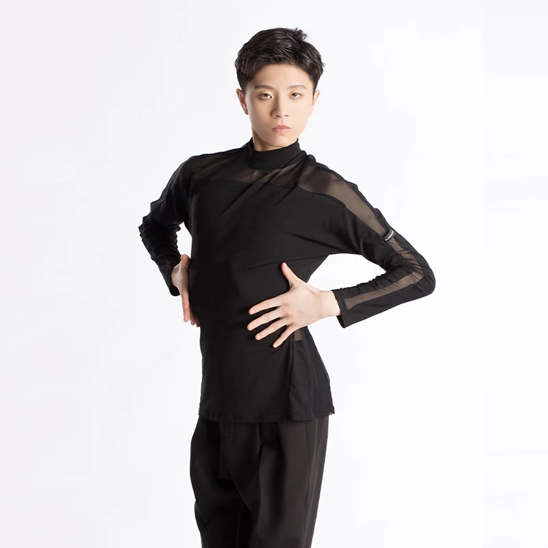 Autumn Winter New Men's Latin Dance Costume Waltz Tango Training Set Mesh Splicing Long Sleeve Tops High Waisted Trousers XH798