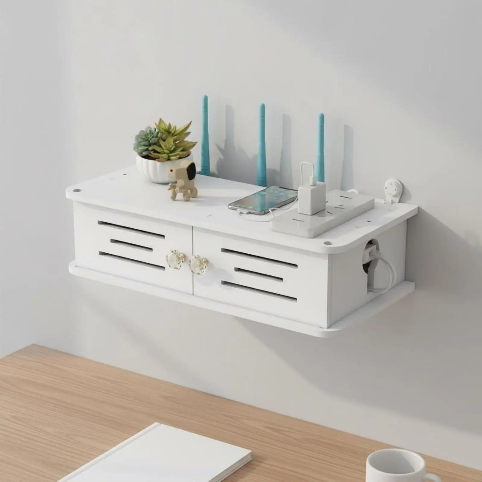 Floating Wall Shelf for Router Two Tier PVC Mounted Storage Box Wire Management Hook Design for Studio Apartment