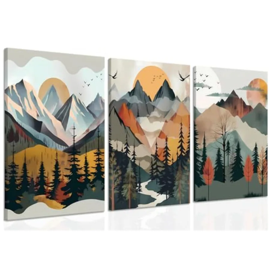 

Набор из 3 картин на холсте: Горный пейзаж, Солнце, Лес, Абстракция, Природа. Декор для стен в стиле бохо. Акварельные постеры и принты.
