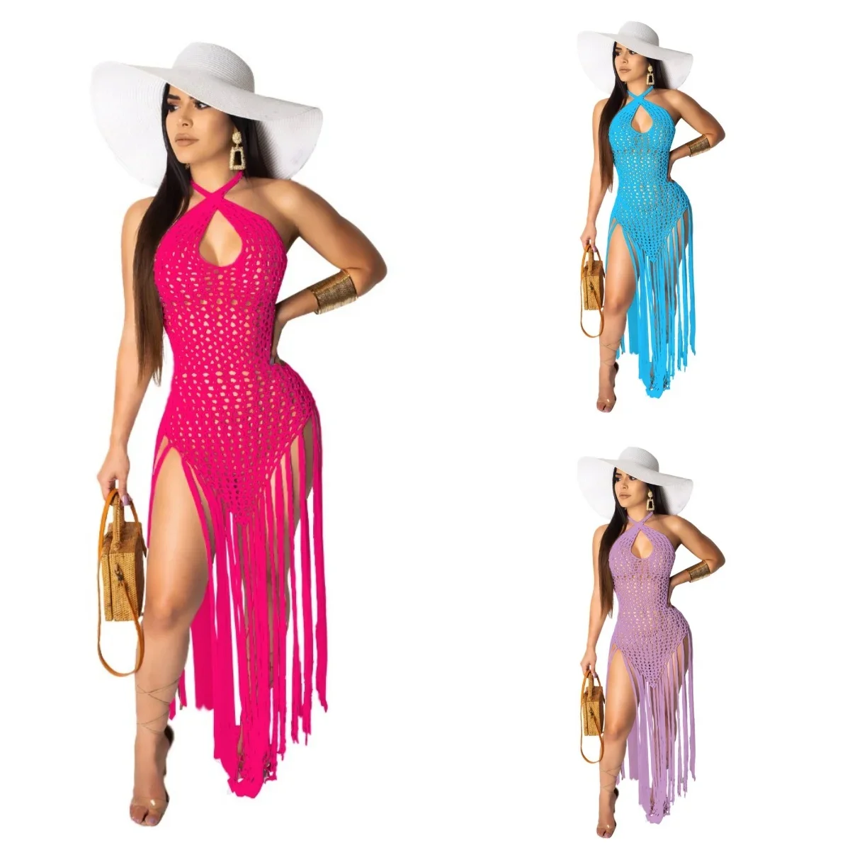 New Women's Sleeveless V-neck Long Fringed European and American Woven Two-wear Fringed Beach Skirt