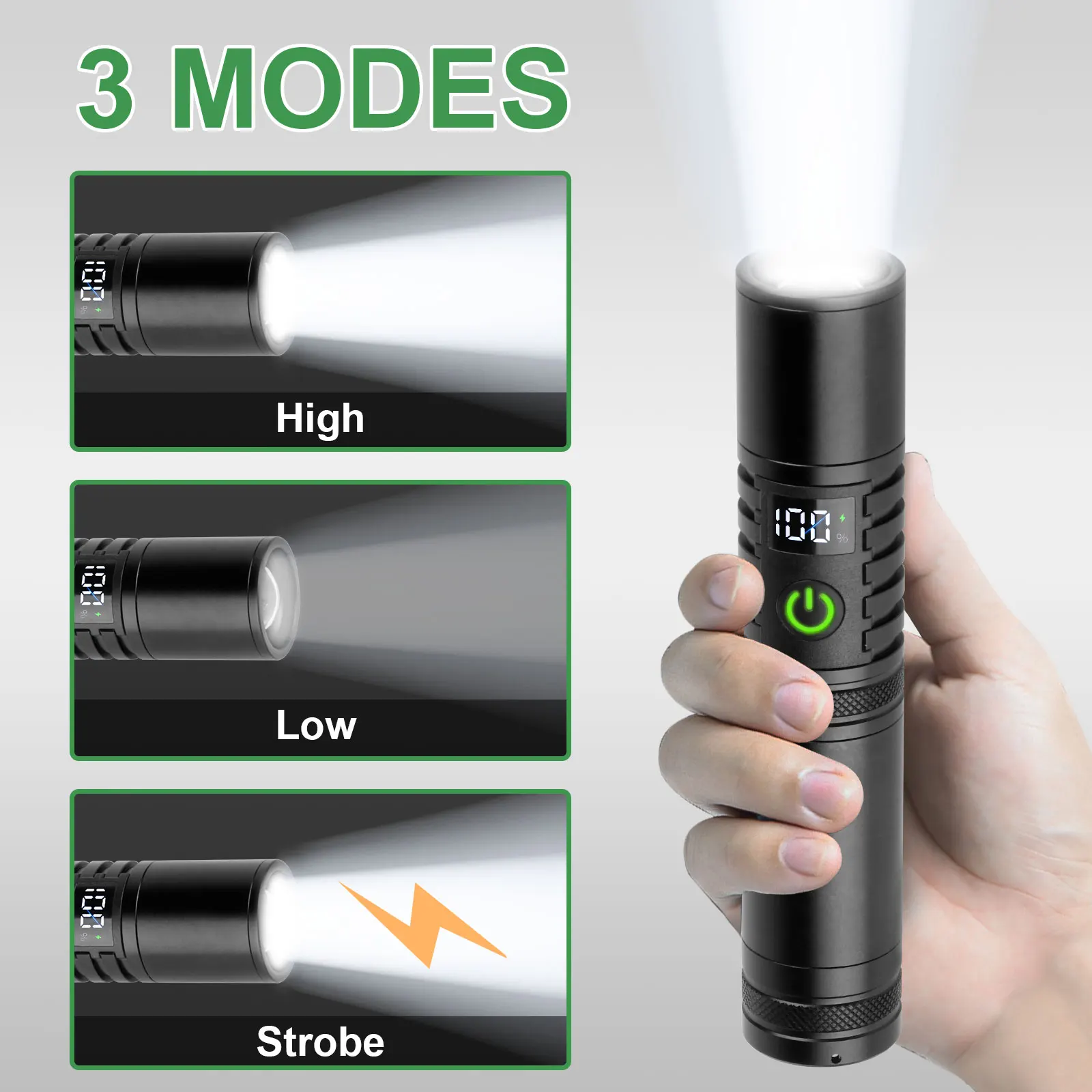 USB Rechargeable LED Flashlight, Battery level display Torch, Super Bright Lamp Zoomable for Emergencies Camping Hiking Hunting