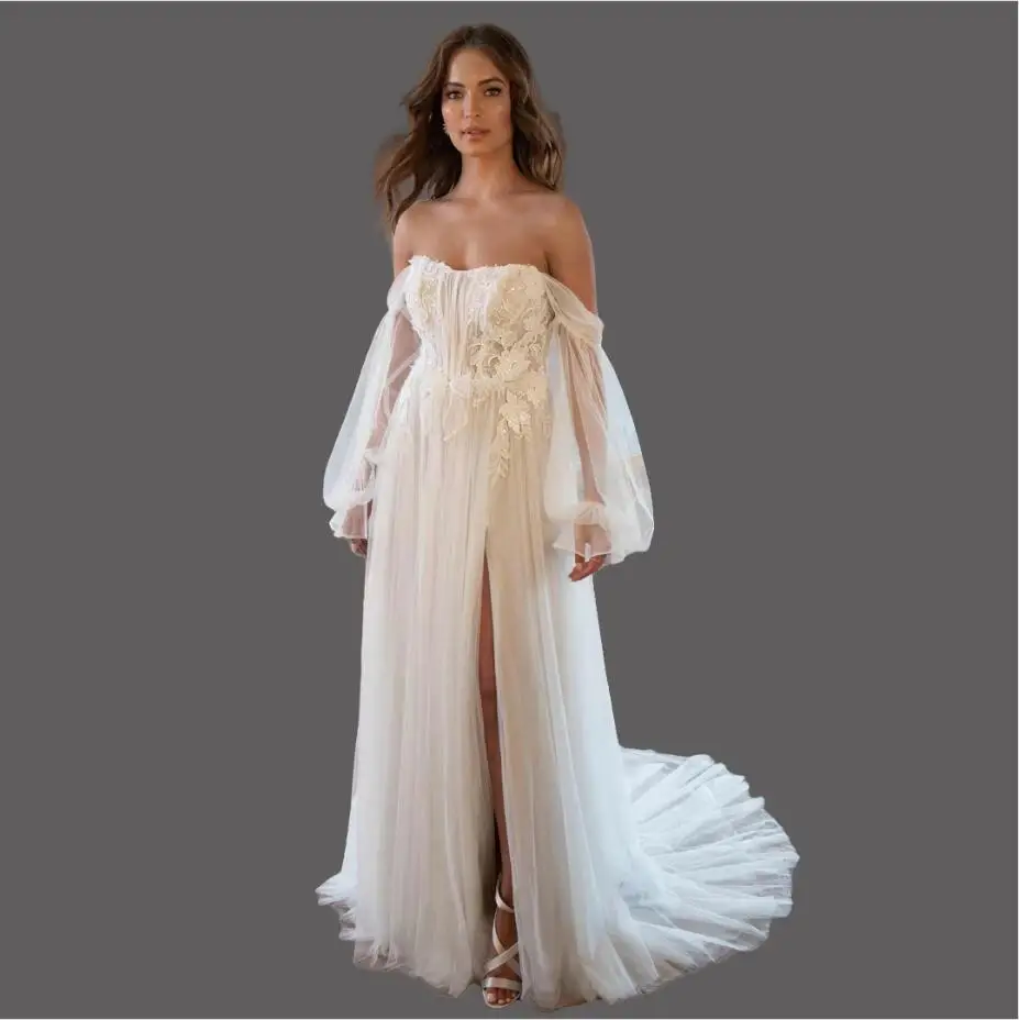 Vestidos de novia de manga larga para mujer, apliques de encaje, vestido de novia personalizado de tul con abertura lateral, vestidos de fiesta bohemios de novia