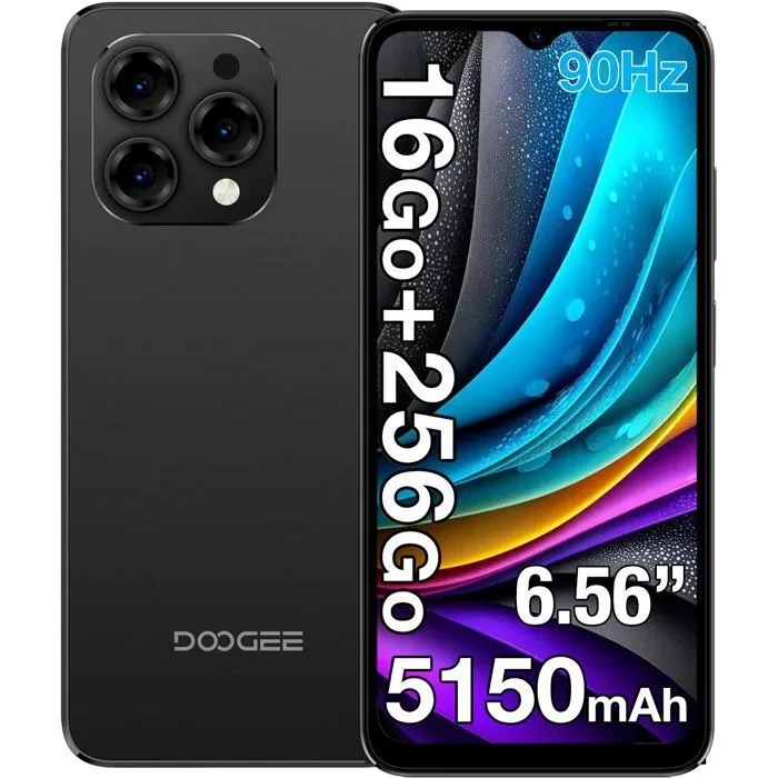 Smartphone DOOGEE N55 Pro, Android 14, 16 Go (6+10 Go de RAM) + 256 Go de ROM, écran HD+ 6,56 pouces 90 Hz, appareil photo 13 MP, prise jack 3,5 mm
