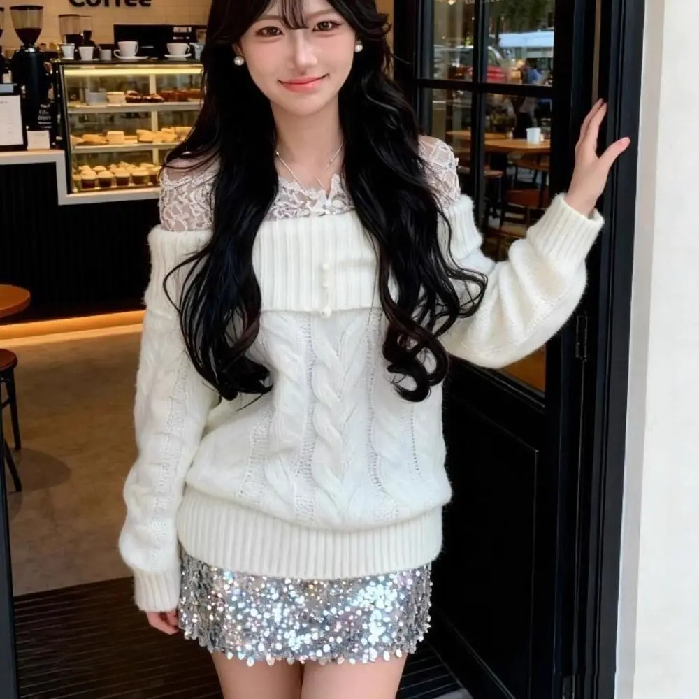 Lace Long Sleeved Knitwear Bottoming Shirt Loose Off Shoulder Sweater Top Pullover Spring Autumn Winter Knitted Top for Women