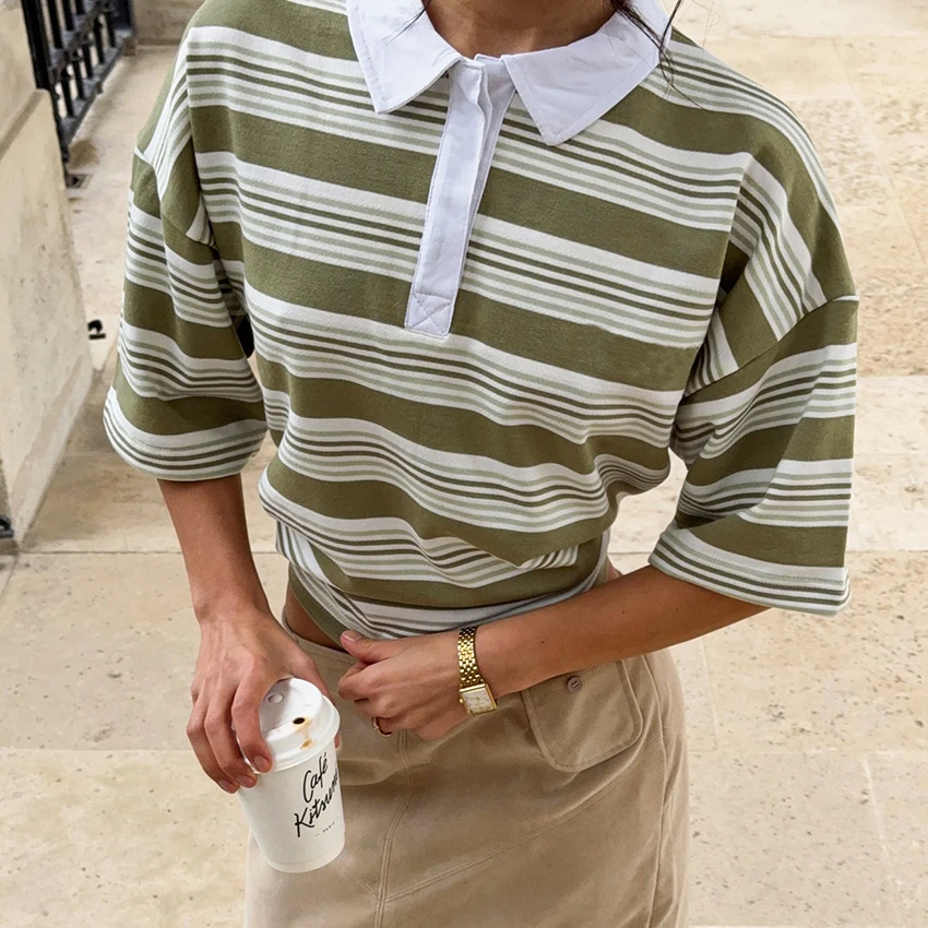

Linad Street Chic Striped Half Sleeve T Shirt Vintage Turn-Down Collar Shirts Female Summer Single Breasted Blouses Polo 2025