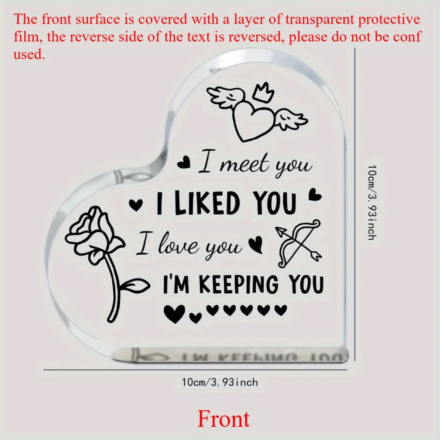 Freestanding Clear Heart Acrylic Ornament Black Line Drawing Rose Winged Heart Cupid Bow Arrow Desktop Present Valentine’s Day Anniversary Gift For Lover