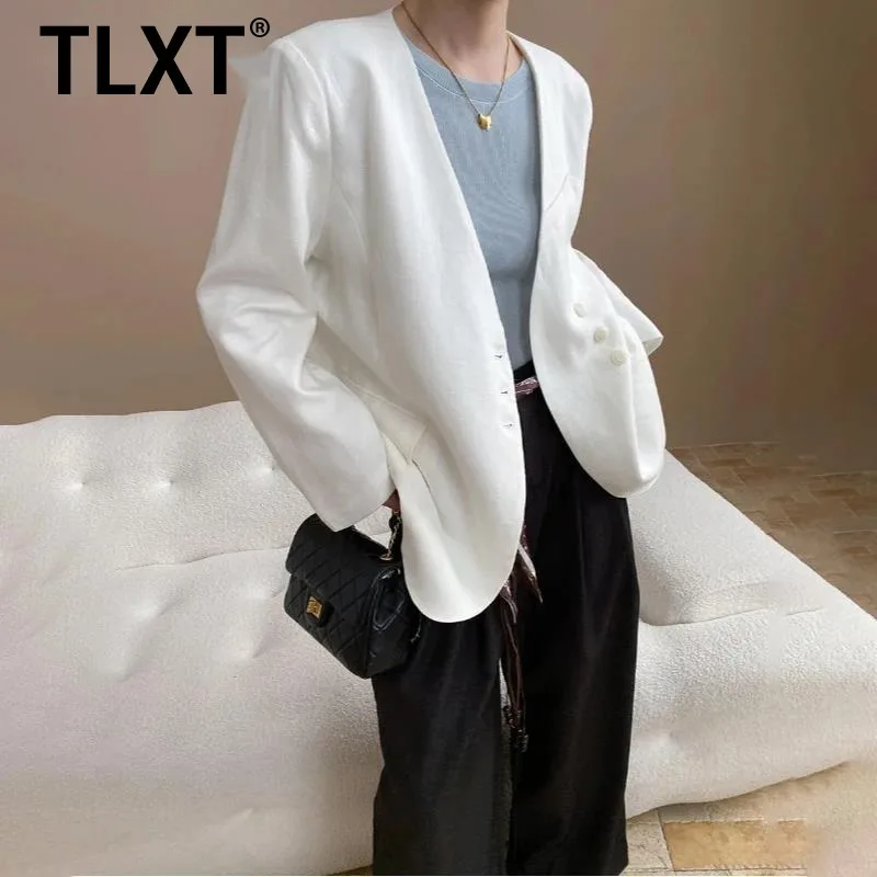 

TLXT модные женские льняные пиджаки с v-образным вырезом, однобортные свободные куртки в стиле минимализм с длинными рукавами, женские осенние куртки 202, новинка XK1562