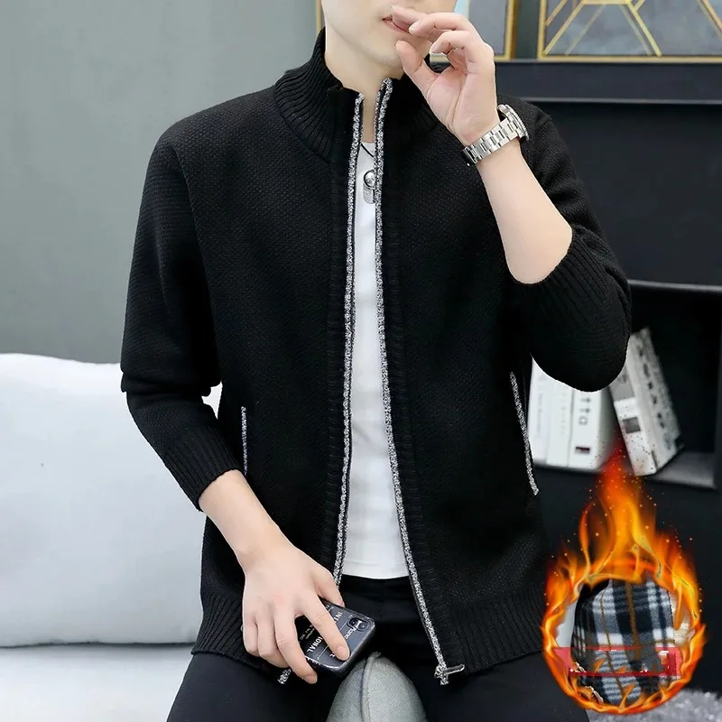 Men's Autumn Winter Turtleneck Solid Zipper Screw Thread Pockets Long Sleeve Sweater Knitted Cardigan Coats Casual Formal Tops