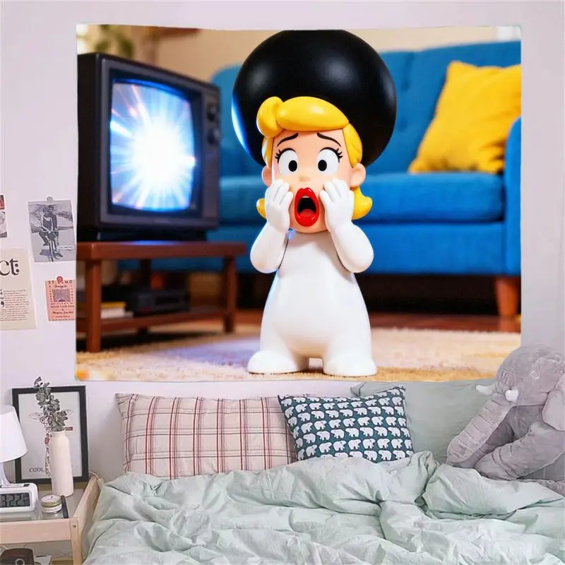 1 Buah Tapestry Gadis Kartun Lucu dengan Topi Bola Hitam Ikonik & TV Retro, Seni Dinding Poliester Modern untuk Ruang Tamu Kamar Tidur