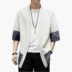 2023 Summer Men's Kimono Jackets Cardigan Mens Lightweight Casual Cotton Blends Linen Seven Sleeves Open Front Coat Outwear