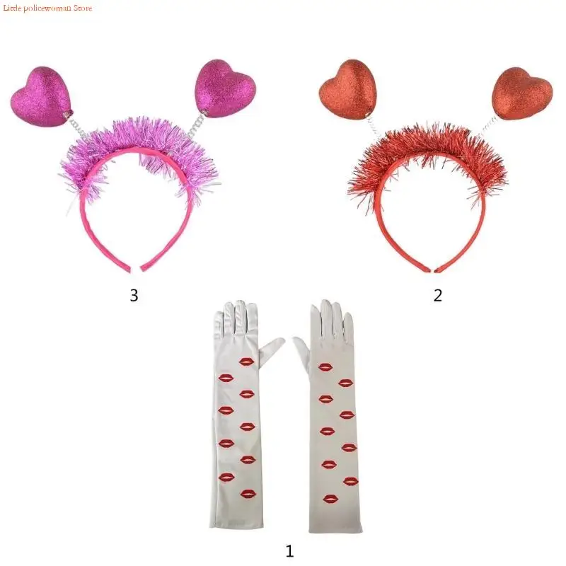 F92D Valentine's Day Gloves Halloween Headbands Headdress for Masquerades Makeup for Party Masquerades Heart