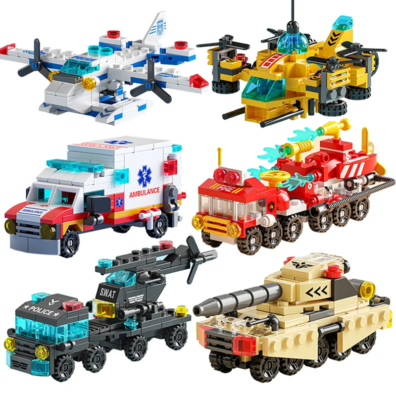 Stad Ambulance Brandweerwagen Vliegtuig Auto Helikopter Drager Diy Assembleren Vliegtuig Model Bouwstenen Kids Speelgoed