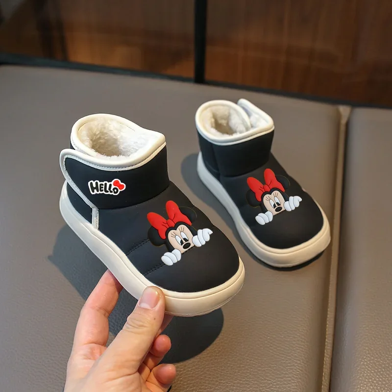 

Теплые короткие сапоги с Микки Маусом для девочек, осенне-зимняя новая детская флисовая повседневная обувь принцессы из искусственной кожи, детская обувь на мягкой подошве для малышей