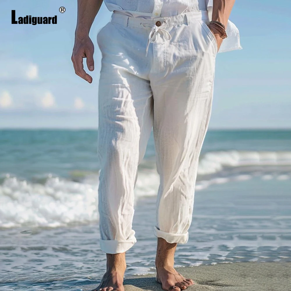 2025 Men Casual Beach Bloomers Stand Pocket Pants Plus Size 3xl Mens Ankle-Length Pants Solid White Black Soft Linen Trouser New