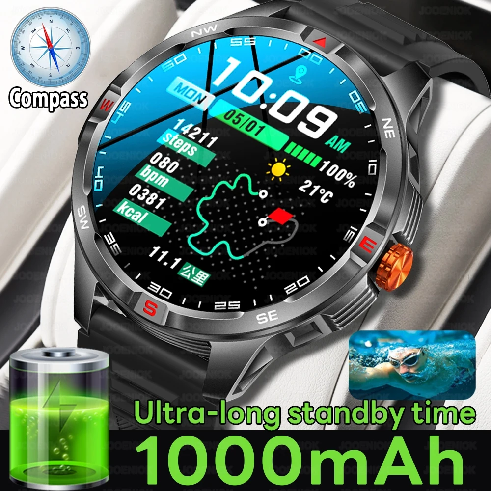 ChiBear 2025 جديد 1000mAh العسكرية في الهواء الطلق ساعة ذكية الرجال الرياضة اللياقة البدنية البوصلة 3ATM مقاوم للماء بلوتوث دعوة Smartwatch رجل