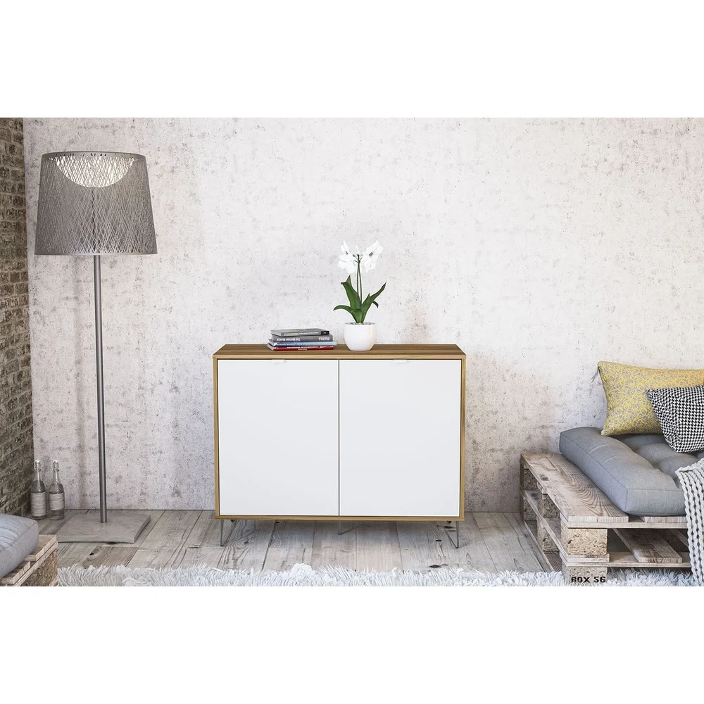 خزانة جانبية حديثة ببابين، رف قابل للتعديل، لمسة نهائية من الخشب والميلامين، أثاث تخزين مدمج، منظمة منزلية