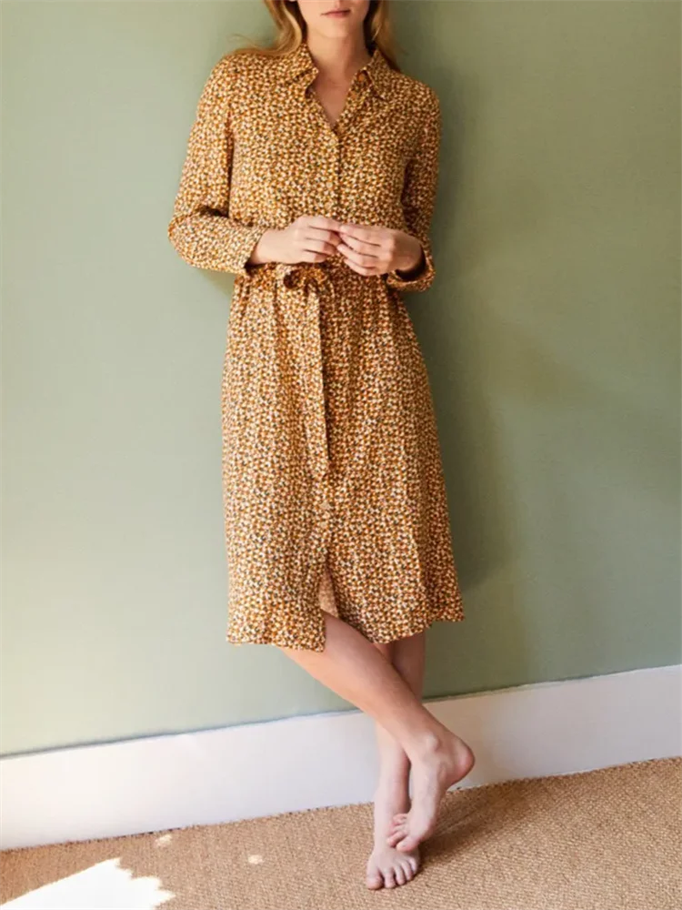 

100% Viscose Midi Dress Women Turn-Down Collar Three Quarter Sleeve Vintage Print Lace-Up Sashes Early Autumn Female Robes