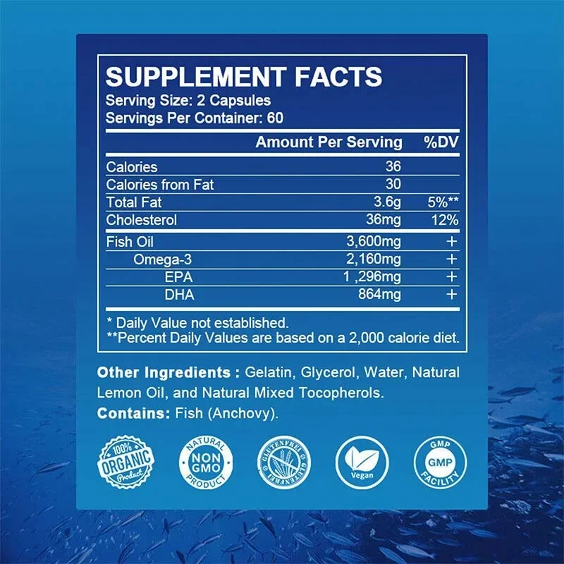 Omega 3 Fish Oil Capsules - Boosts The Immune System, and Provides Energy, Benefits Brain, Heart and Cardiovascular Health
