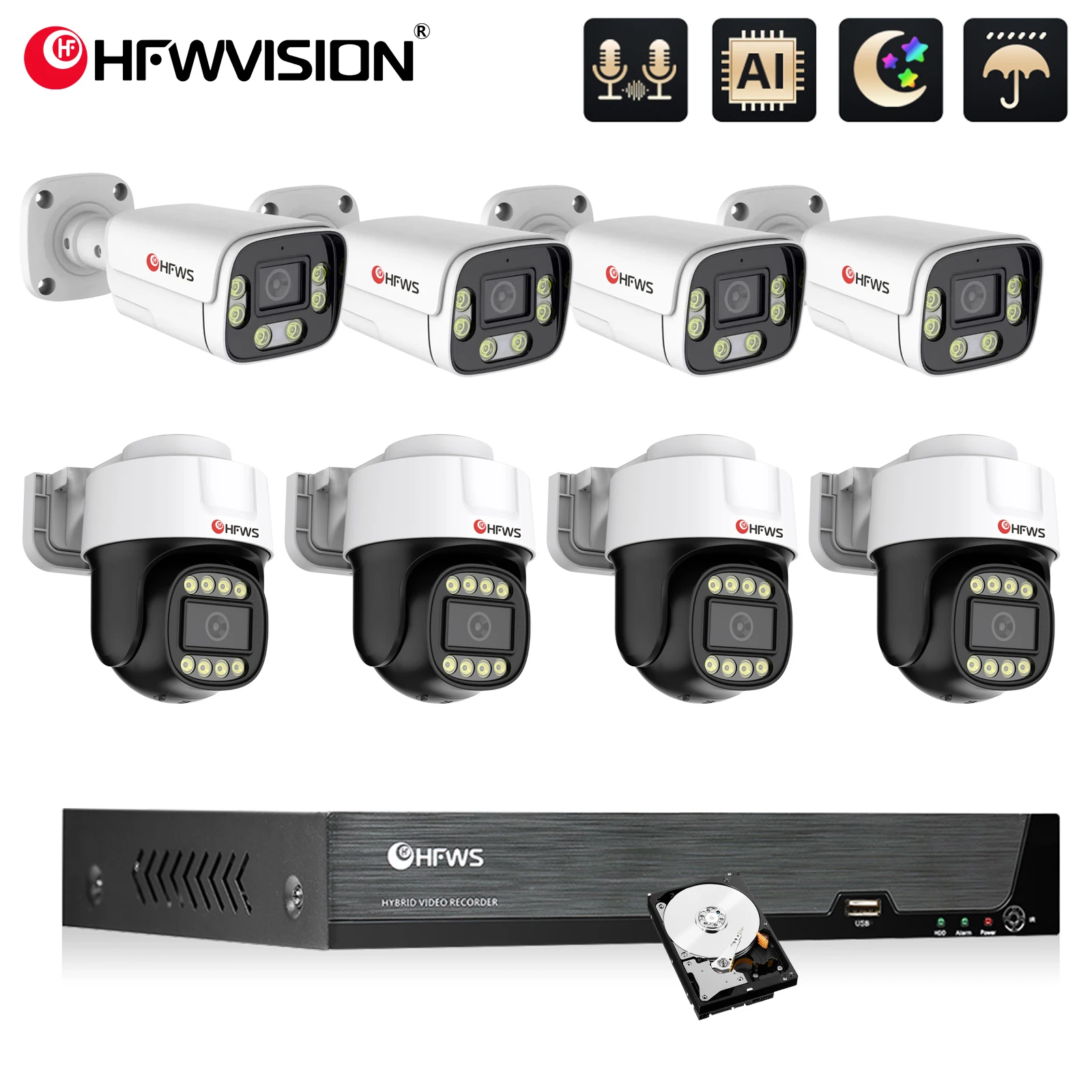 HFWVISION 4K 8MP Video Surveillance Kit AI Face Vehicle Detect 4K 8CH CCTV NVR 8MP PTZ Bullet POE Security Camera System