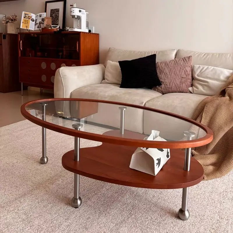 

Medieval peach glass coffee table oval hemming glass new stainless steel living room office small apartment large coffee table