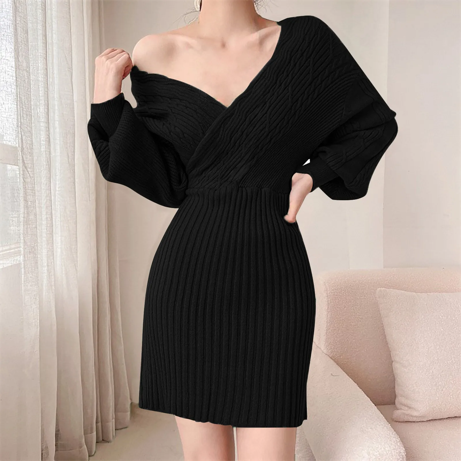 2025 Spring Sexy Deep V Neck Sweater Dress Fashion Casual Batwing Sleeves Women Pencil Skirt Wrap Hip Dresses Streetwear